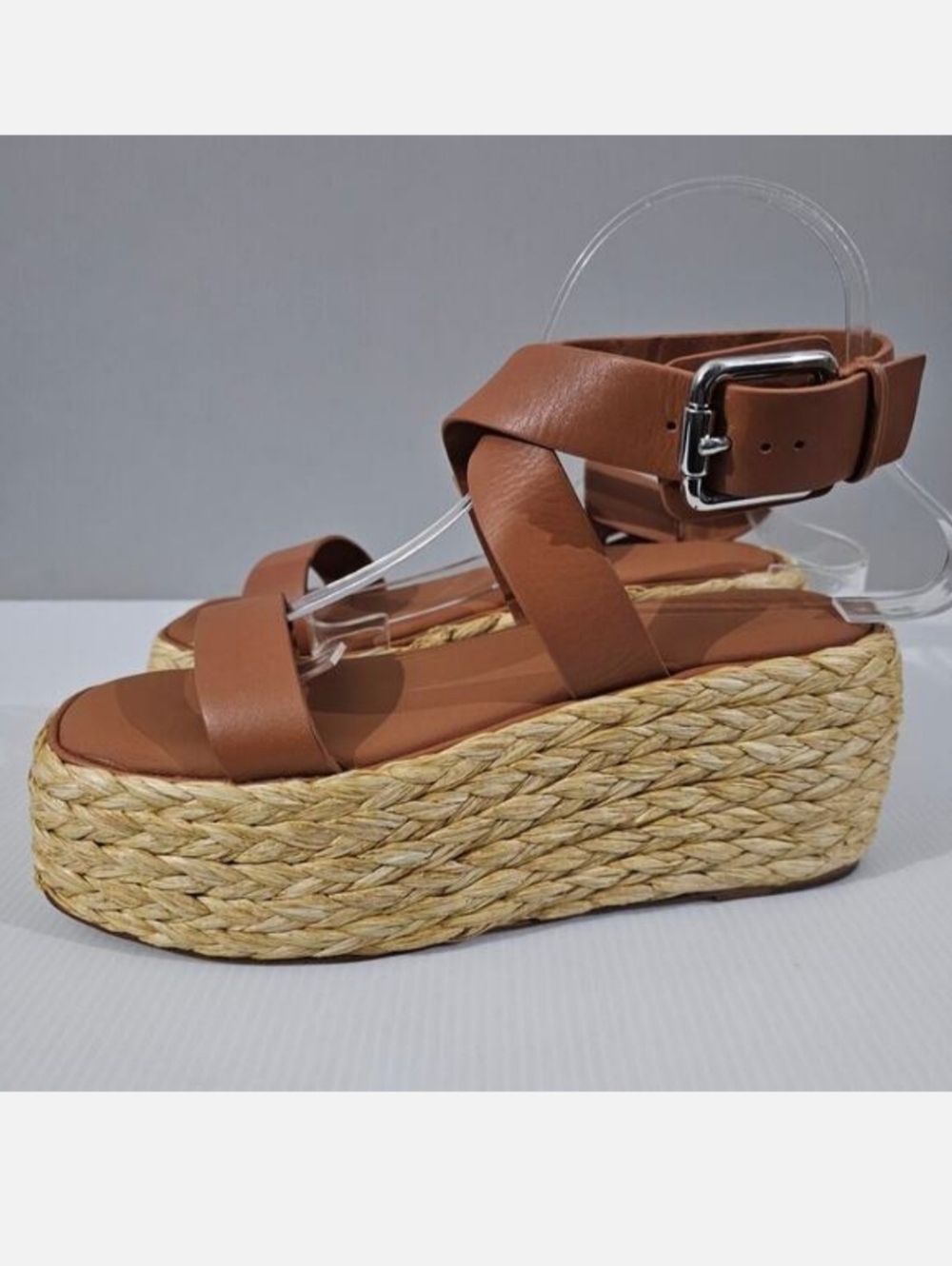 Donna Karan Pure Lolah Platform Espadrille Sandal 8.5 Brown Leather Ankle Strap